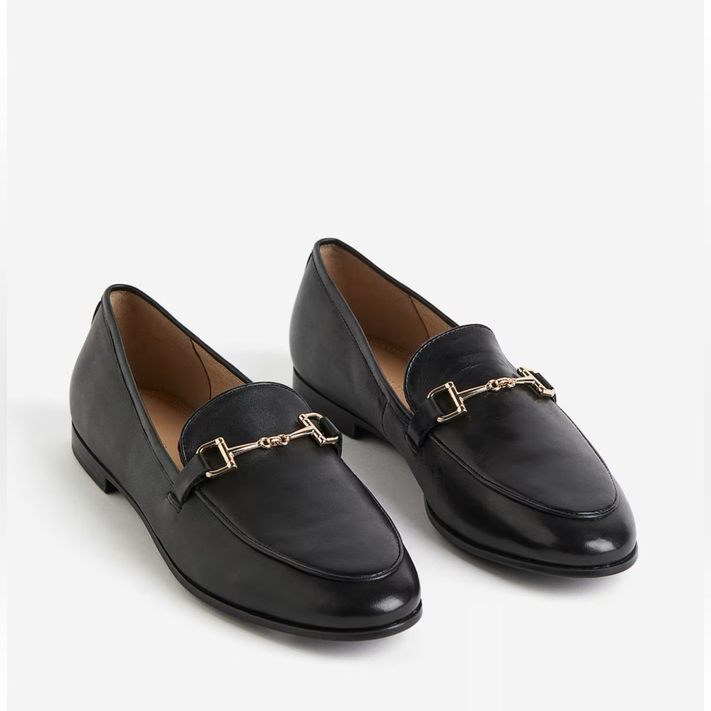 H&M Leather Black Loafers with Gold Buckle